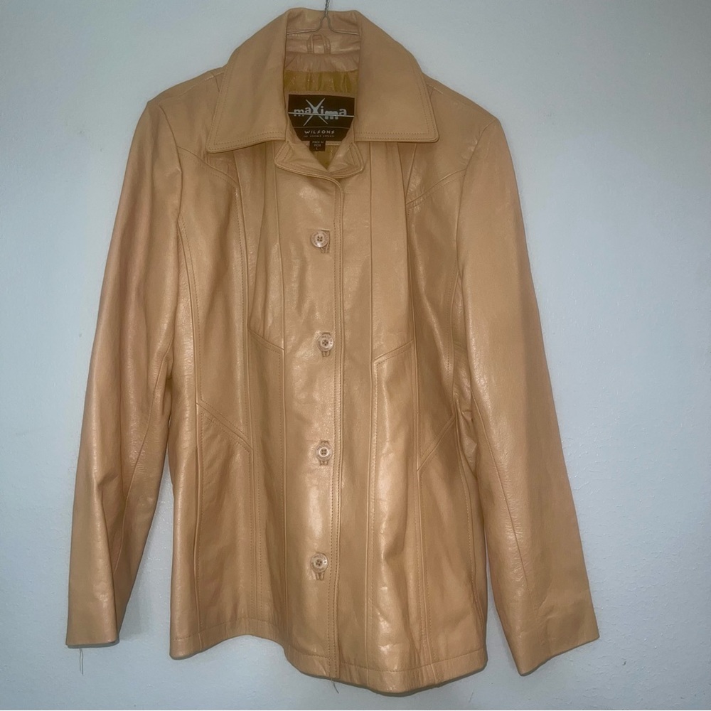 Wilsons Leather Maxima Beige Genuine Leather Button Up Jacket Women Large